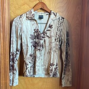 INC International Concepts Tan Long Sleeve Fitted Blouse with Polo Collar